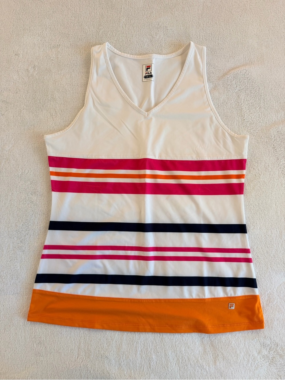 Fila White V-Neck Tank with Pink, Orange & Navy Stripes Tennis